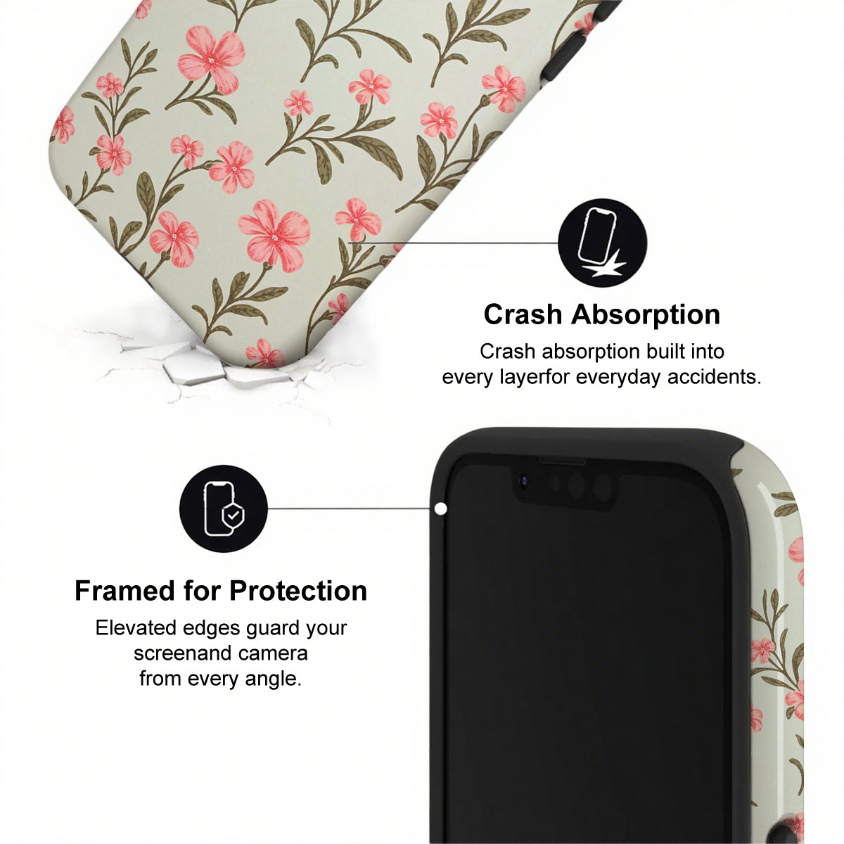 Phone case with floral design and text highlighting crash absorption and protection features.