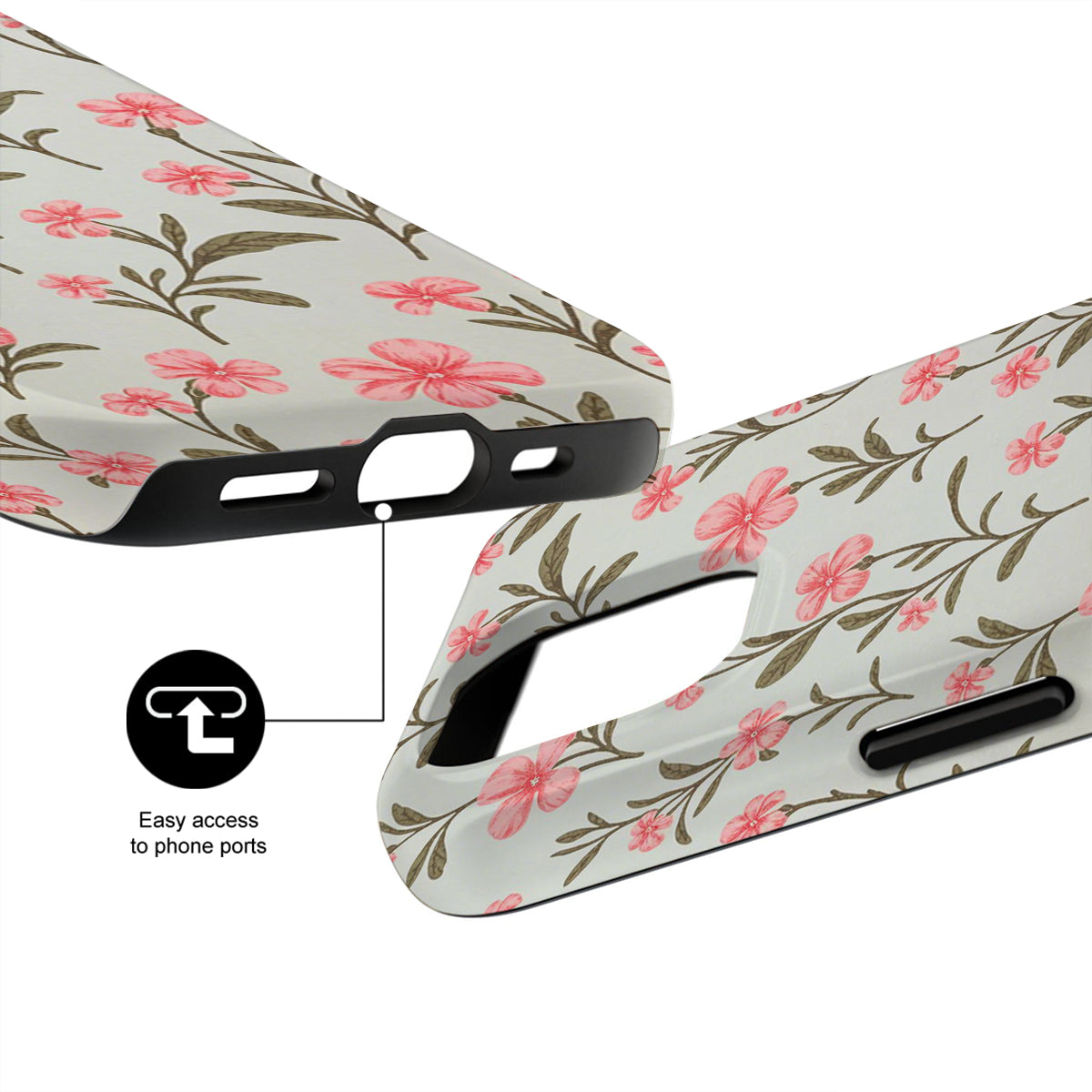 Floral phone case with easy access to phone ports feature