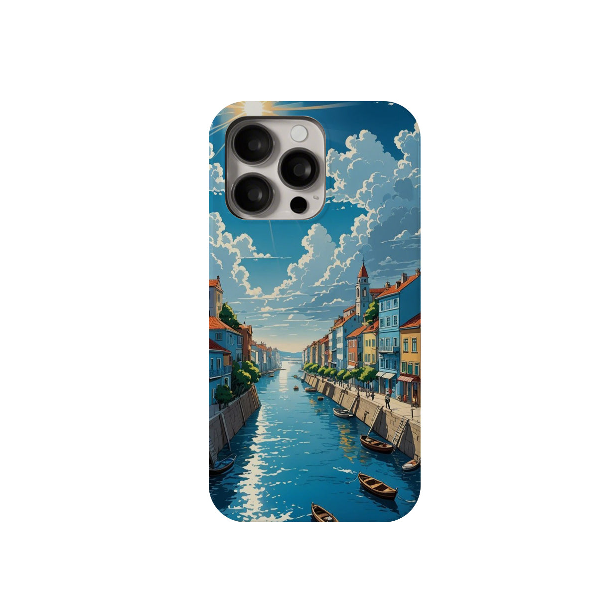 Phone case with a canal scene design on a white background