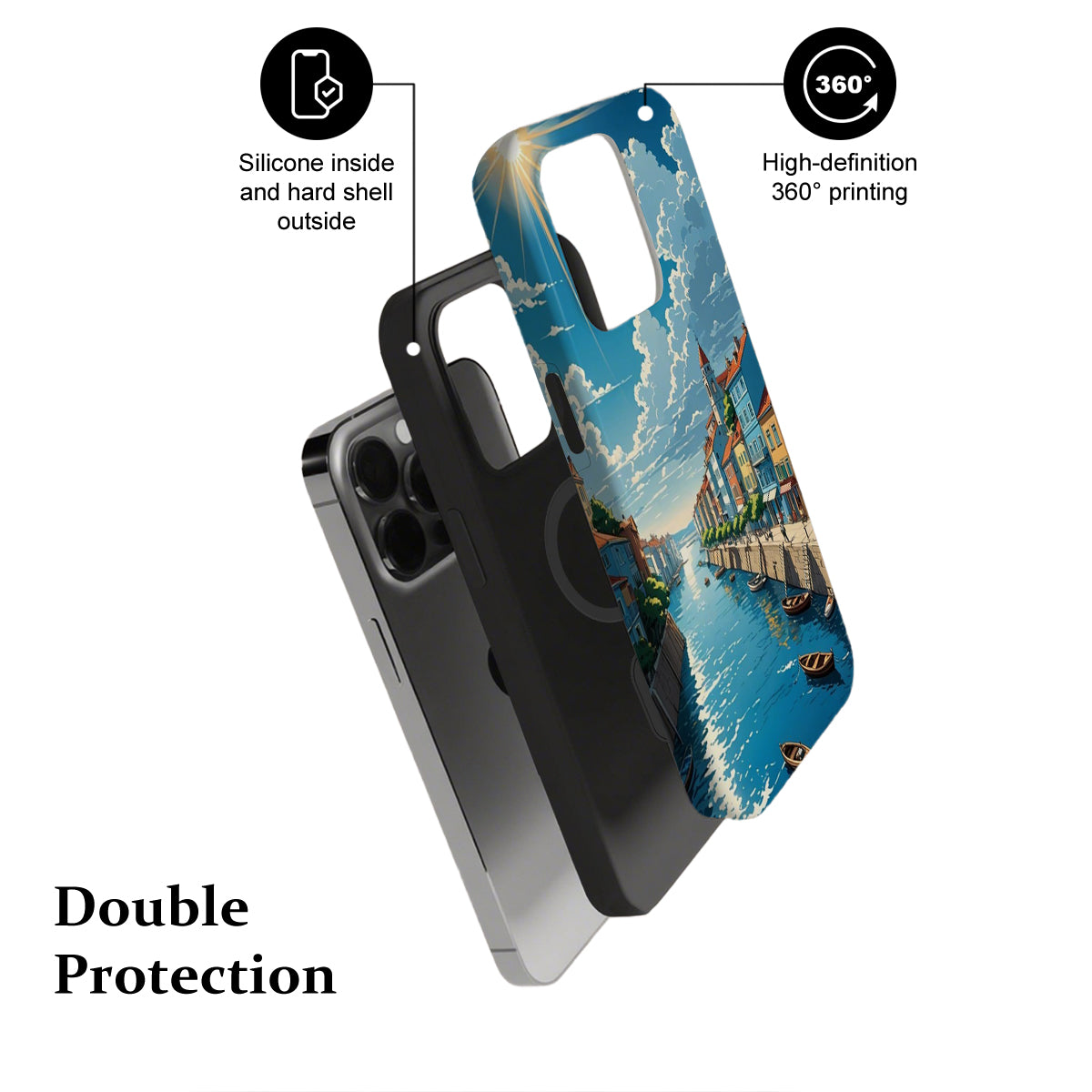 Phone case with scenic design and text highlighting features on a white background