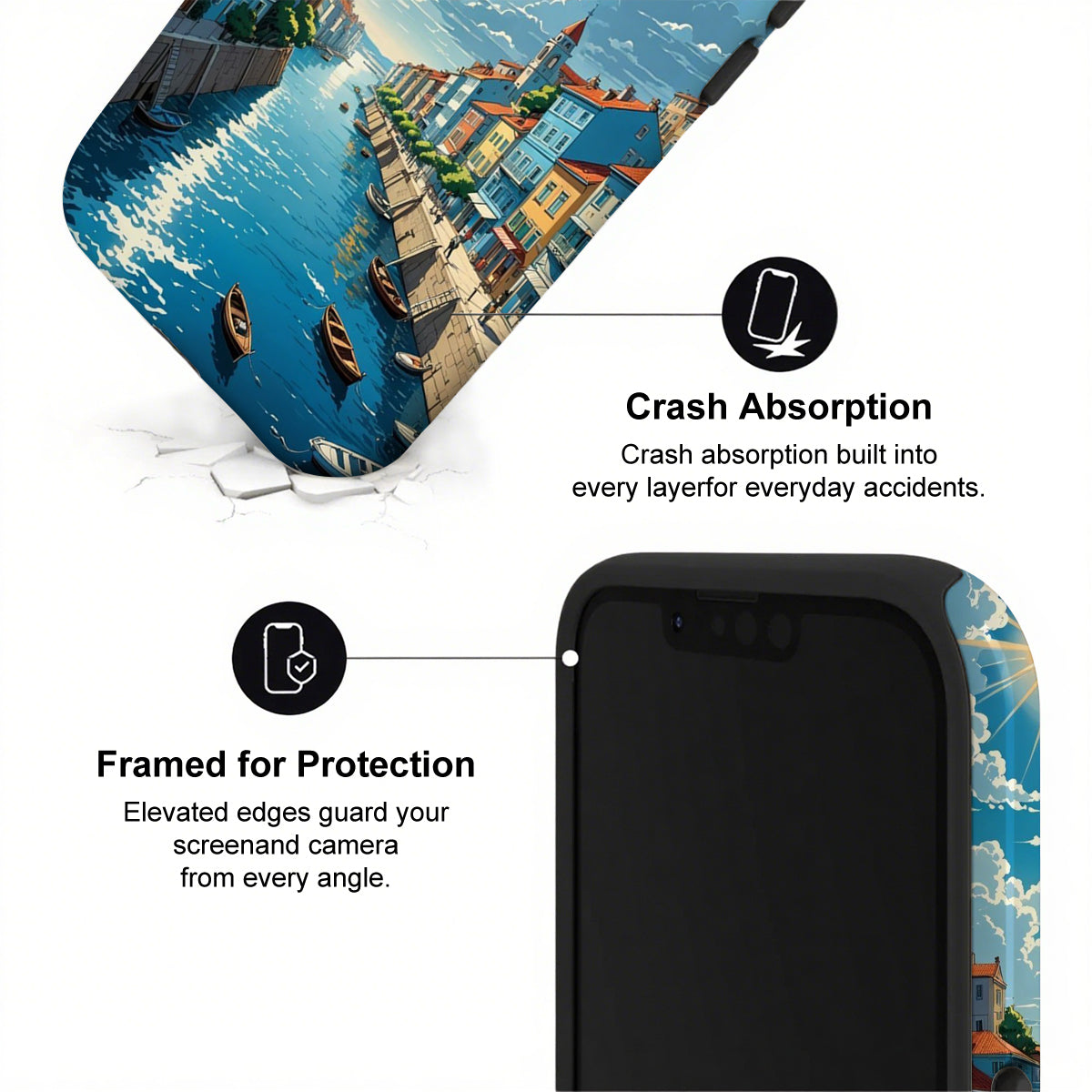 Phone case with scenic design and text highlighting crash absorption and protection features.