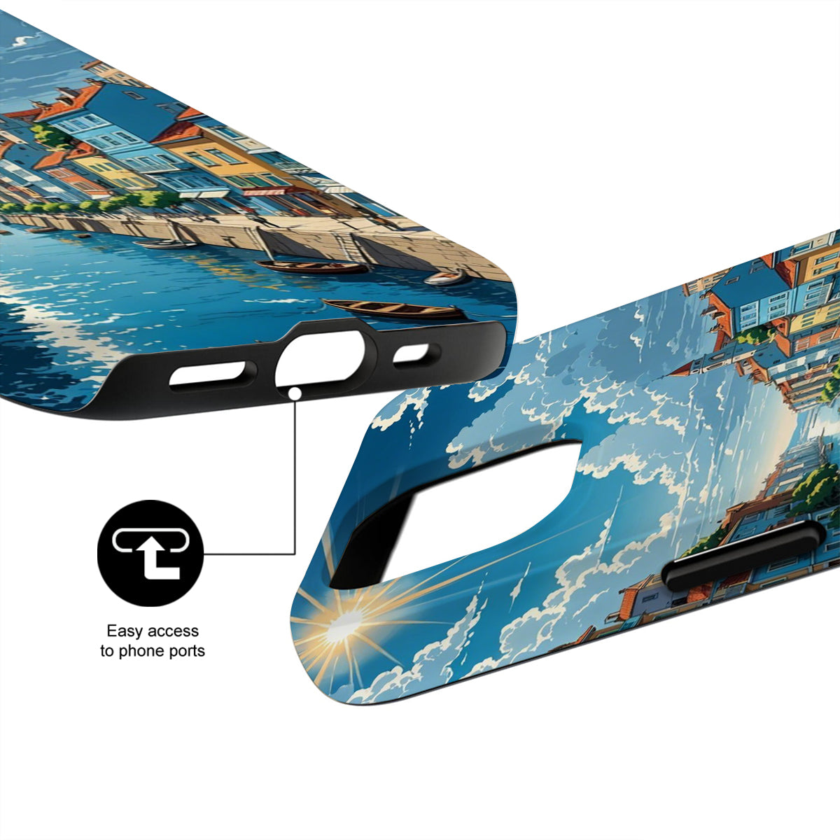 Phone case with scenic design and text 'Easy access to phone ports'.