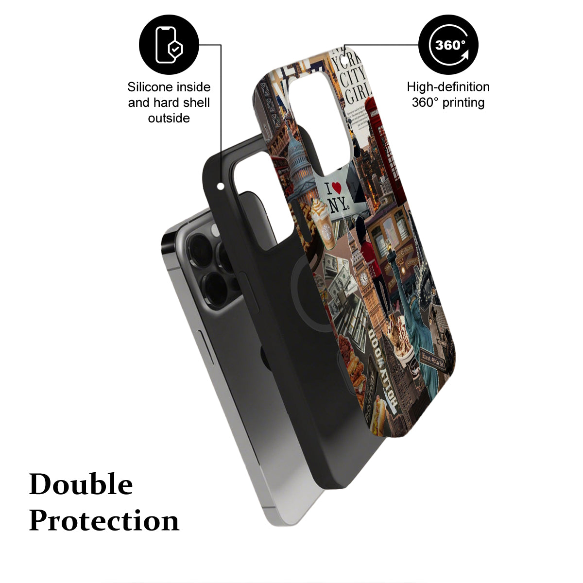 Phone case with design and text, showing features like 'Silicone inside and hard shell outside' and 'High-definition 360° printing'.