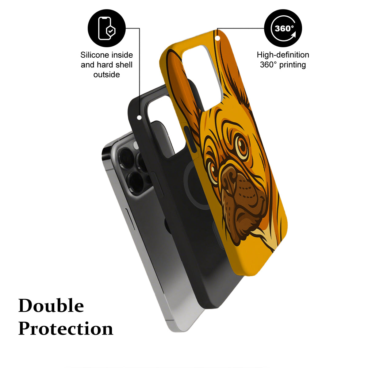 Phone case with dog illustration and text highlighting features on a white background