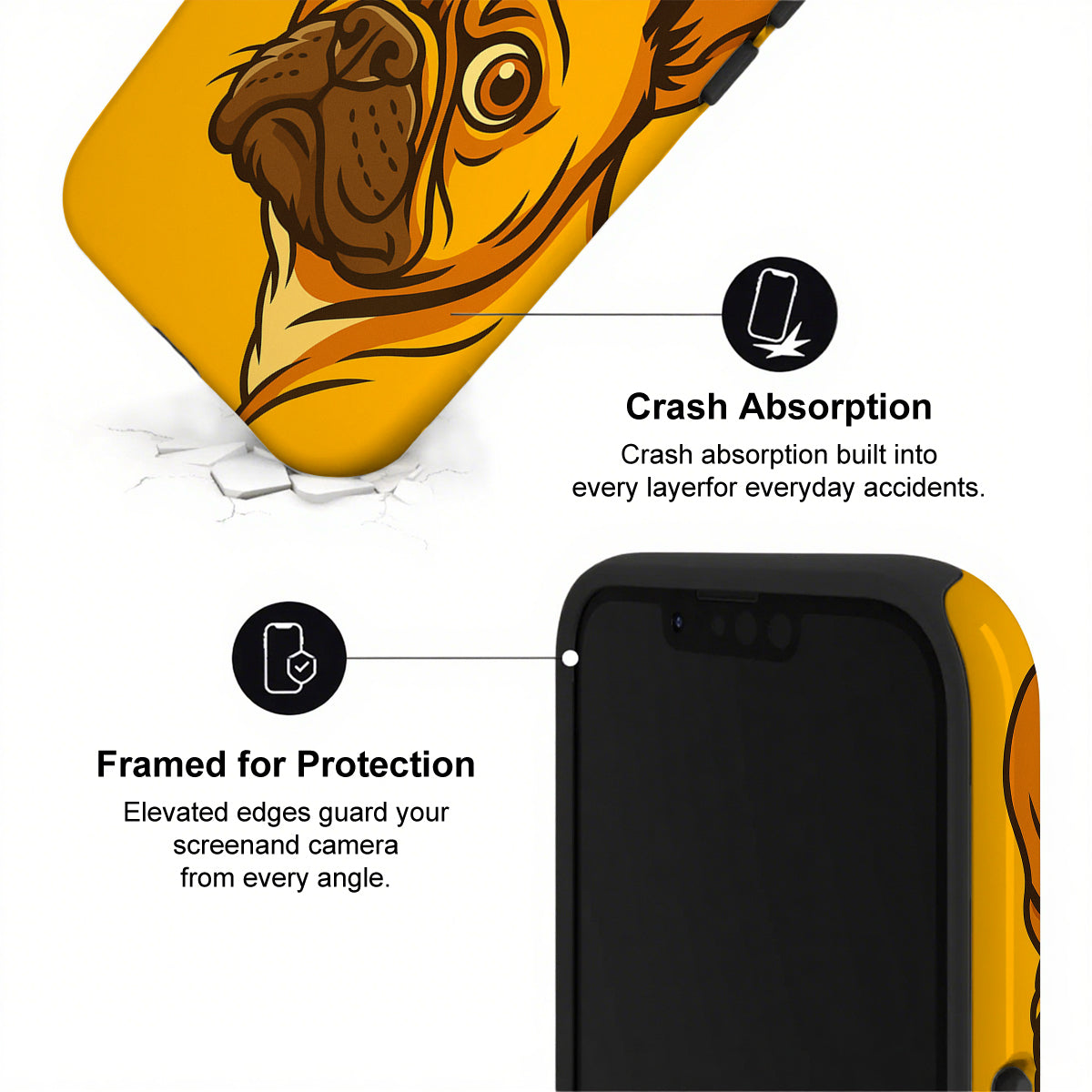 Phone case with tiger design and text about crash absorption and protection