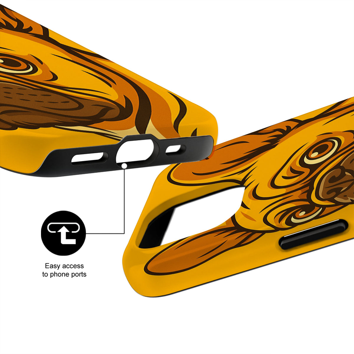 Wooden phone case with a tiger stripe pattern on a white background