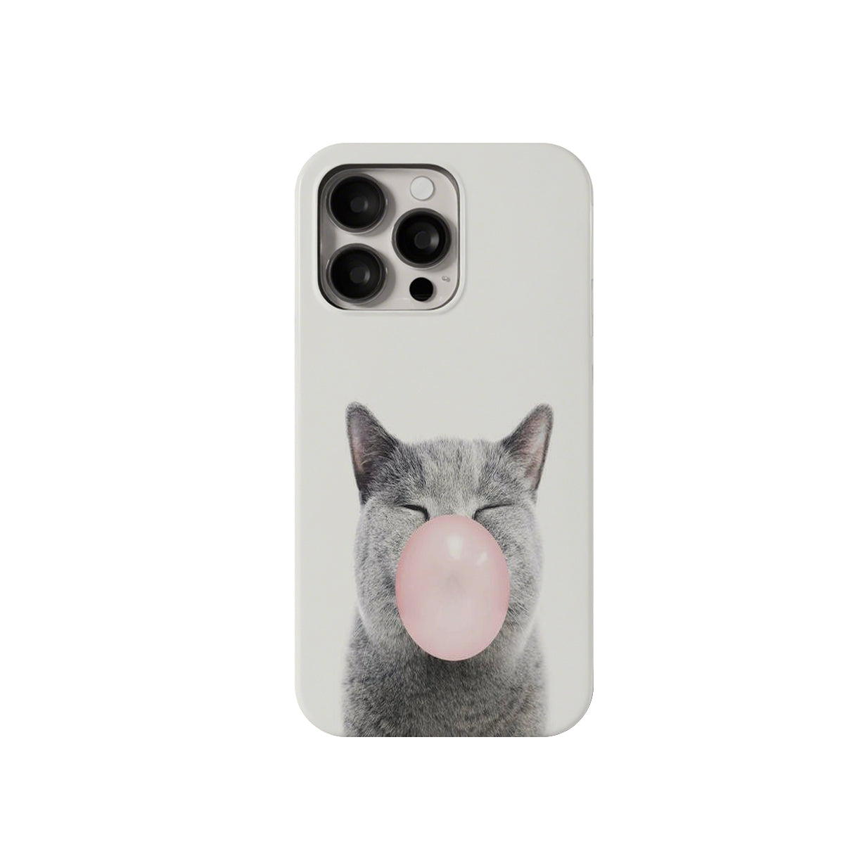 Phone case with a cat blowing a bubble gum bubble design on a white background