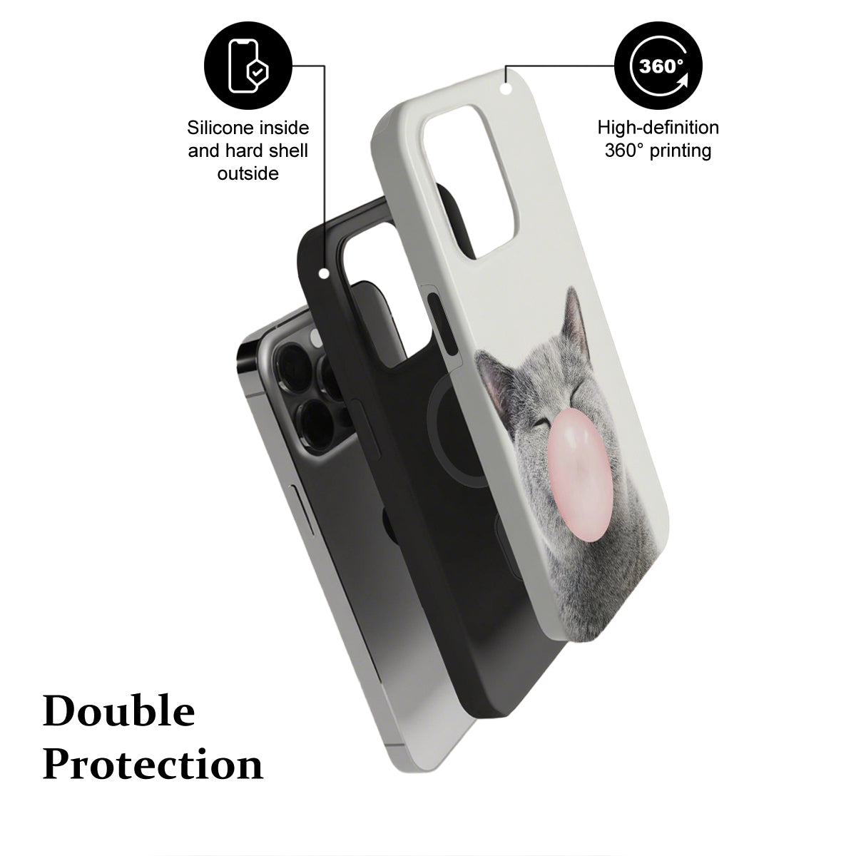 Phone case with a cat design, featuring text on double protection and 360-degree printing.