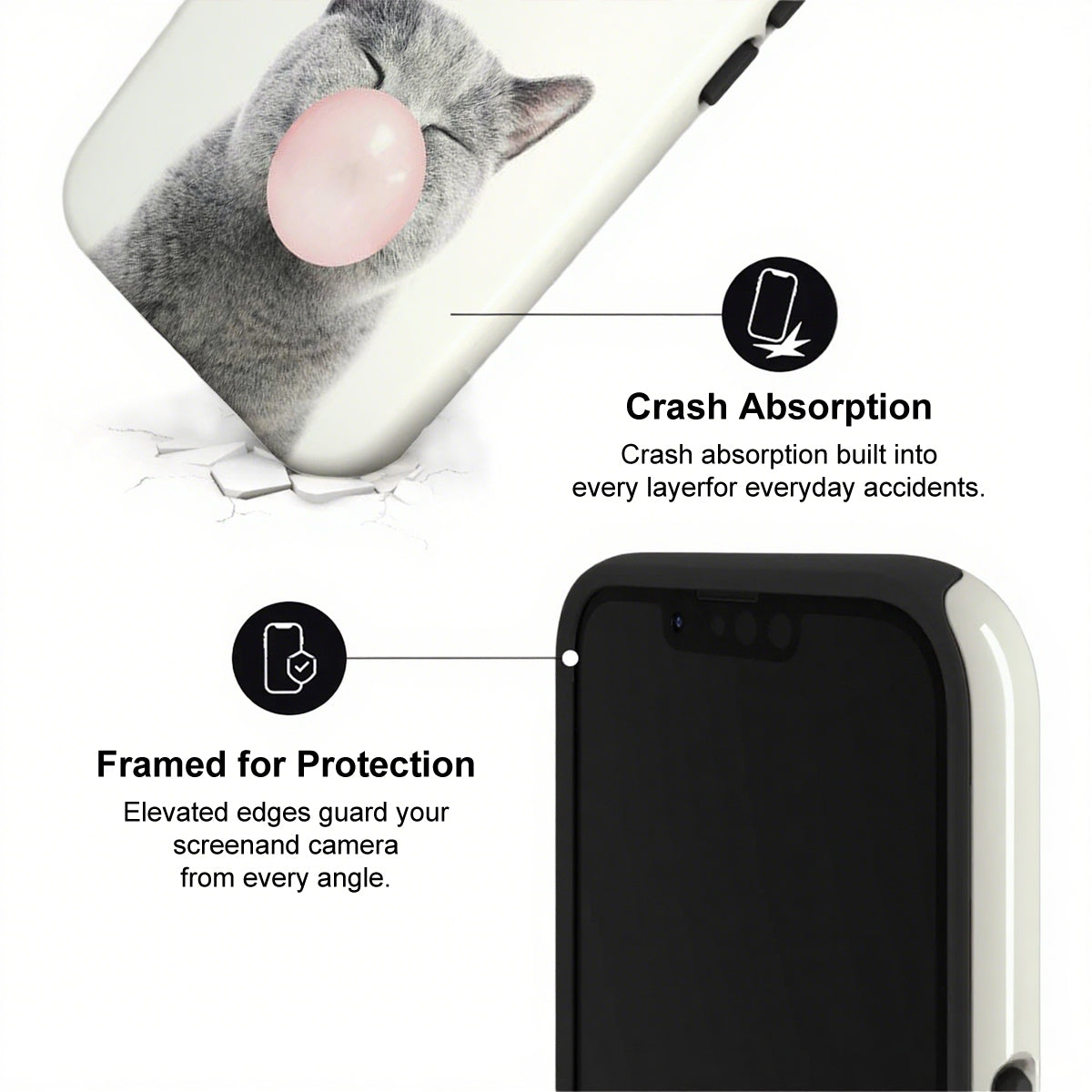 Phone case with cat design and text highlighting crash absorption and protection features.