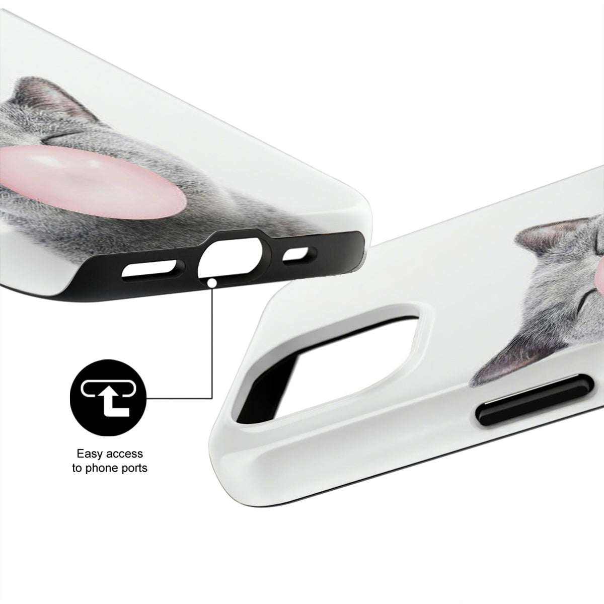Phone case with a cat design and text indicating easy access to phone ports