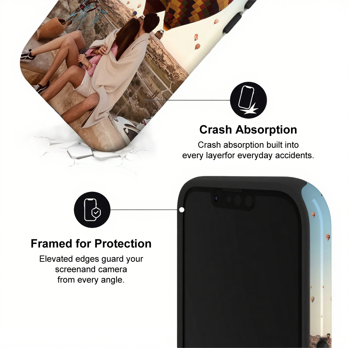 Phone case with crash absorption and protection features, shown with a blurred background of people.