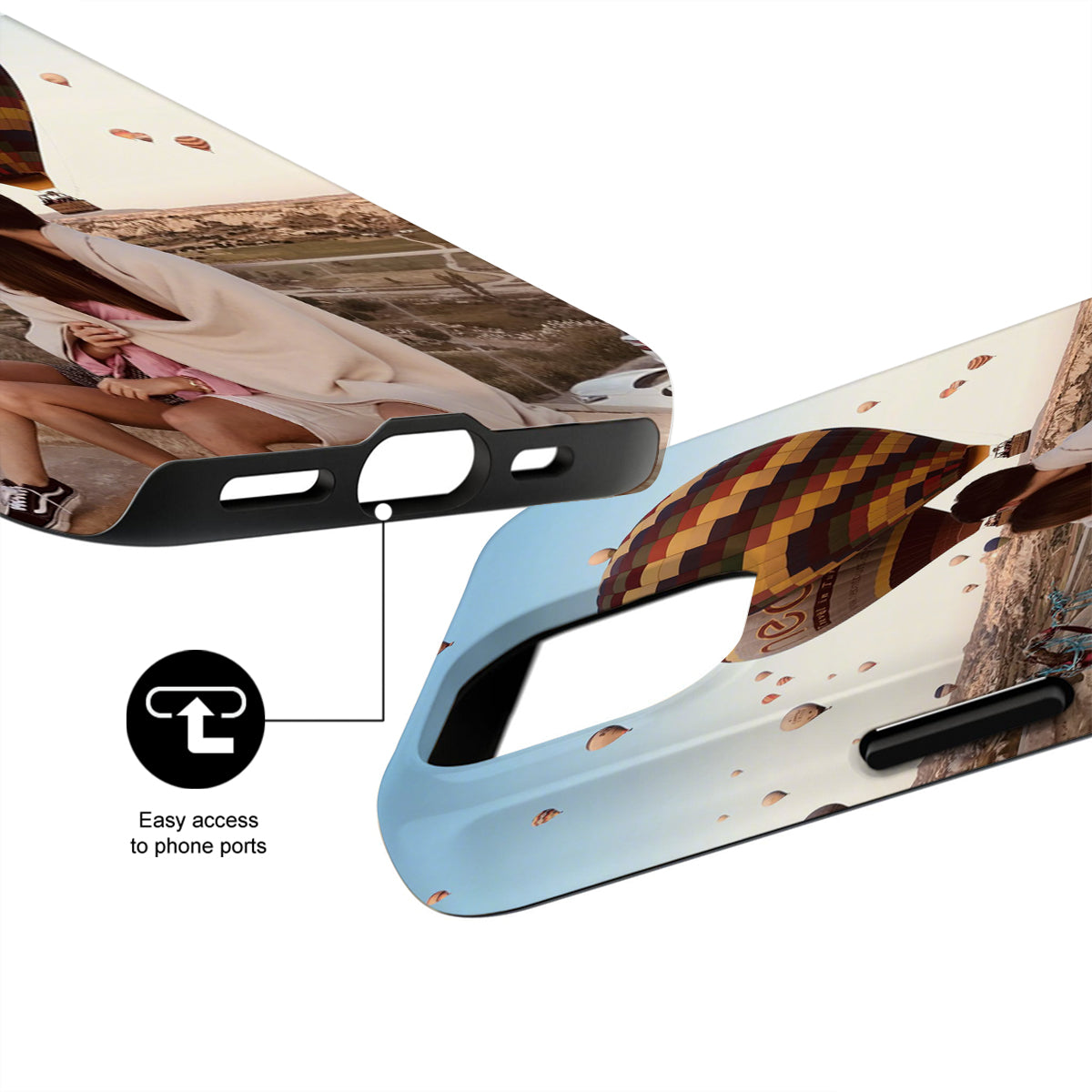 Phone case with scenic design and text 'Easy access to phone ports' on a white background