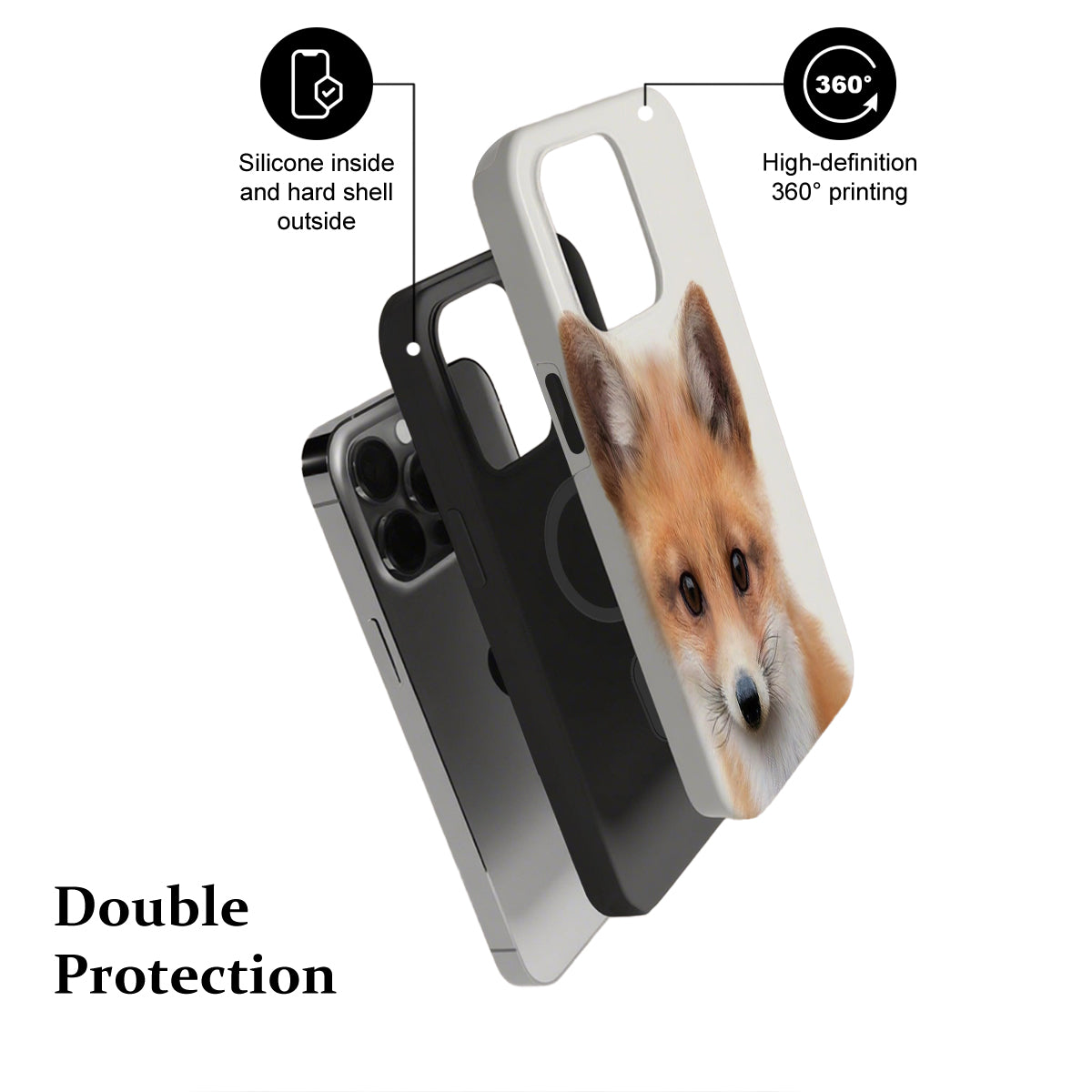 Phone case with a fox design, featuring text on protection and printing quality.
