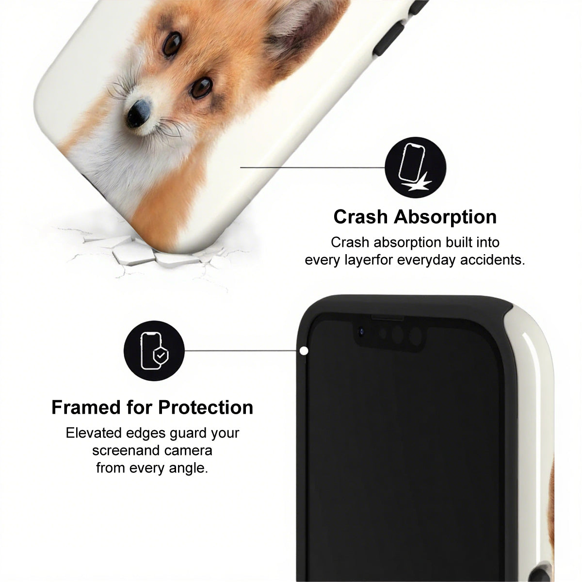Phone case with dog design and text highlighting crash absorption and protection features.