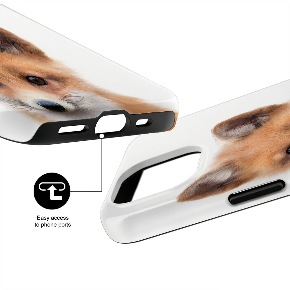 Phone case with a dog design and text indicating easy access to phone ports.