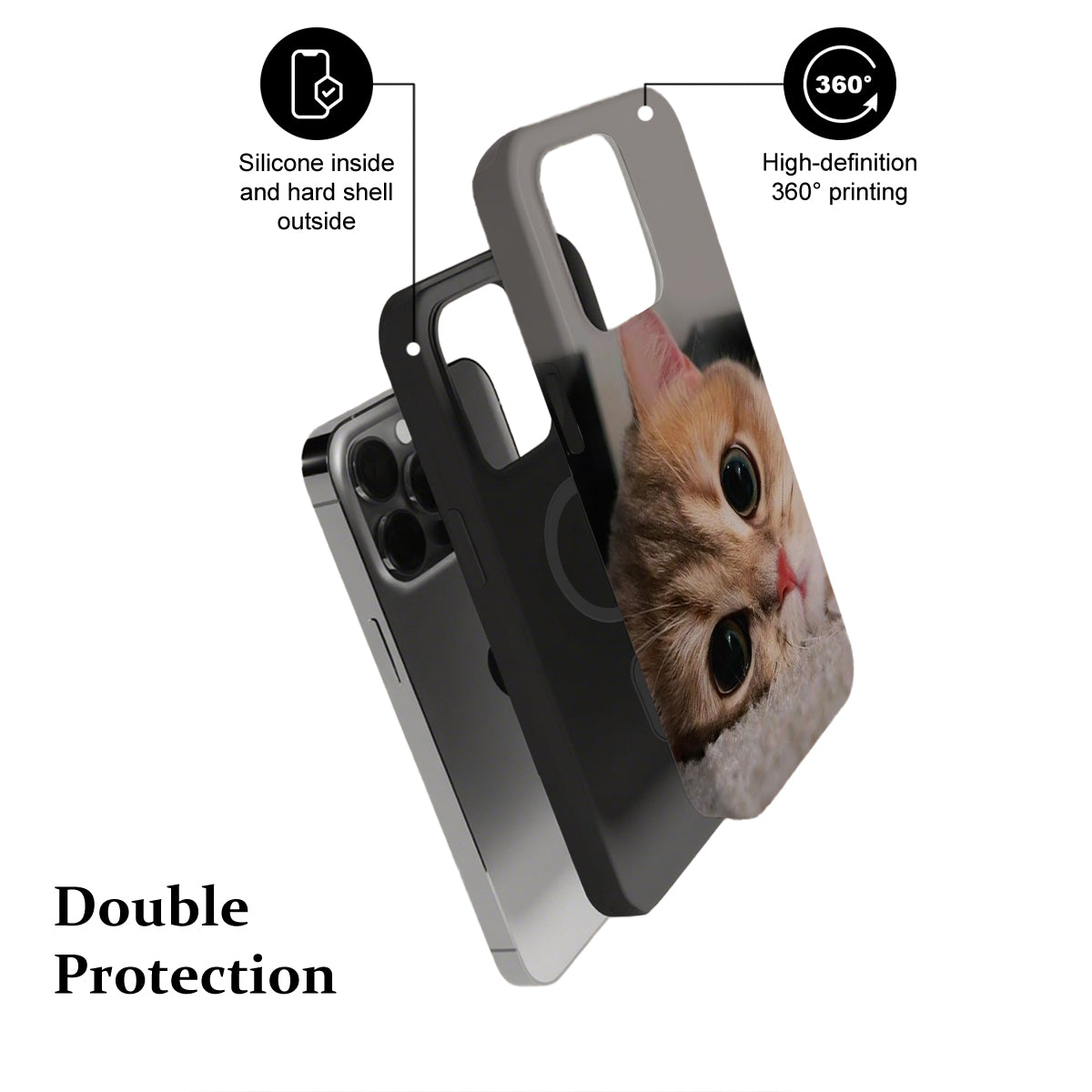 Phone case with a cat design, featuring text on protection and printing quality.