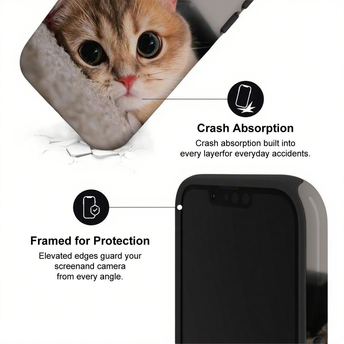 Phone case with cat illustration and text about crash absorption and protection