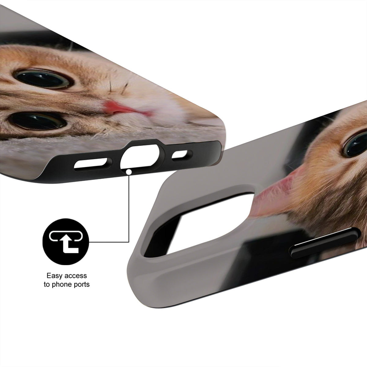 Phone case with a cat design and text indicating easy access to phone ports.
