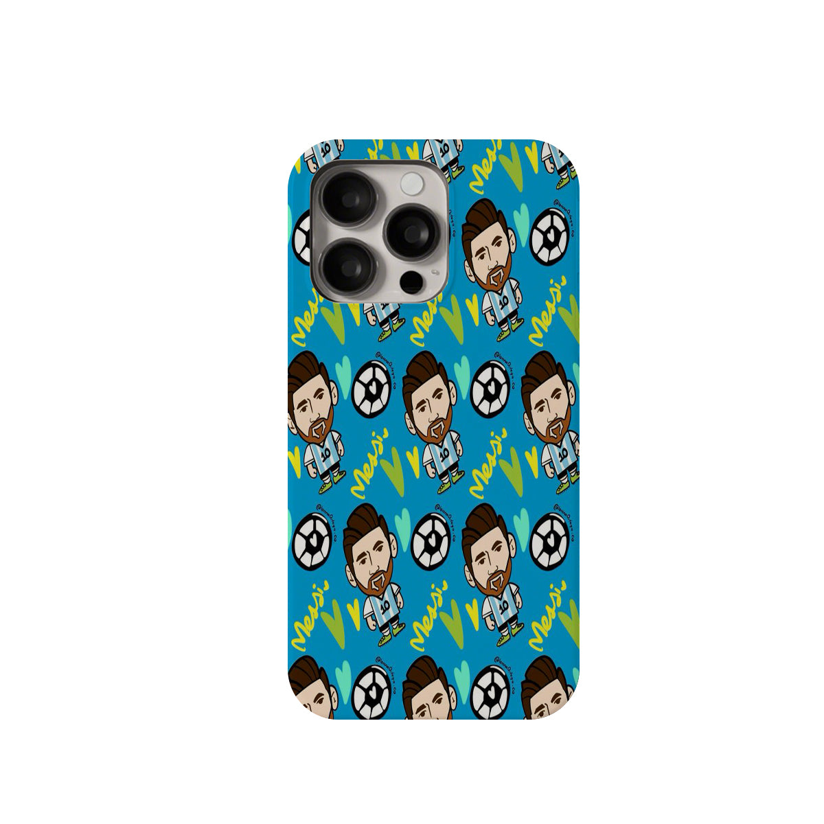 Phone case with cartoon character and soccer ball pattern on a blue background
