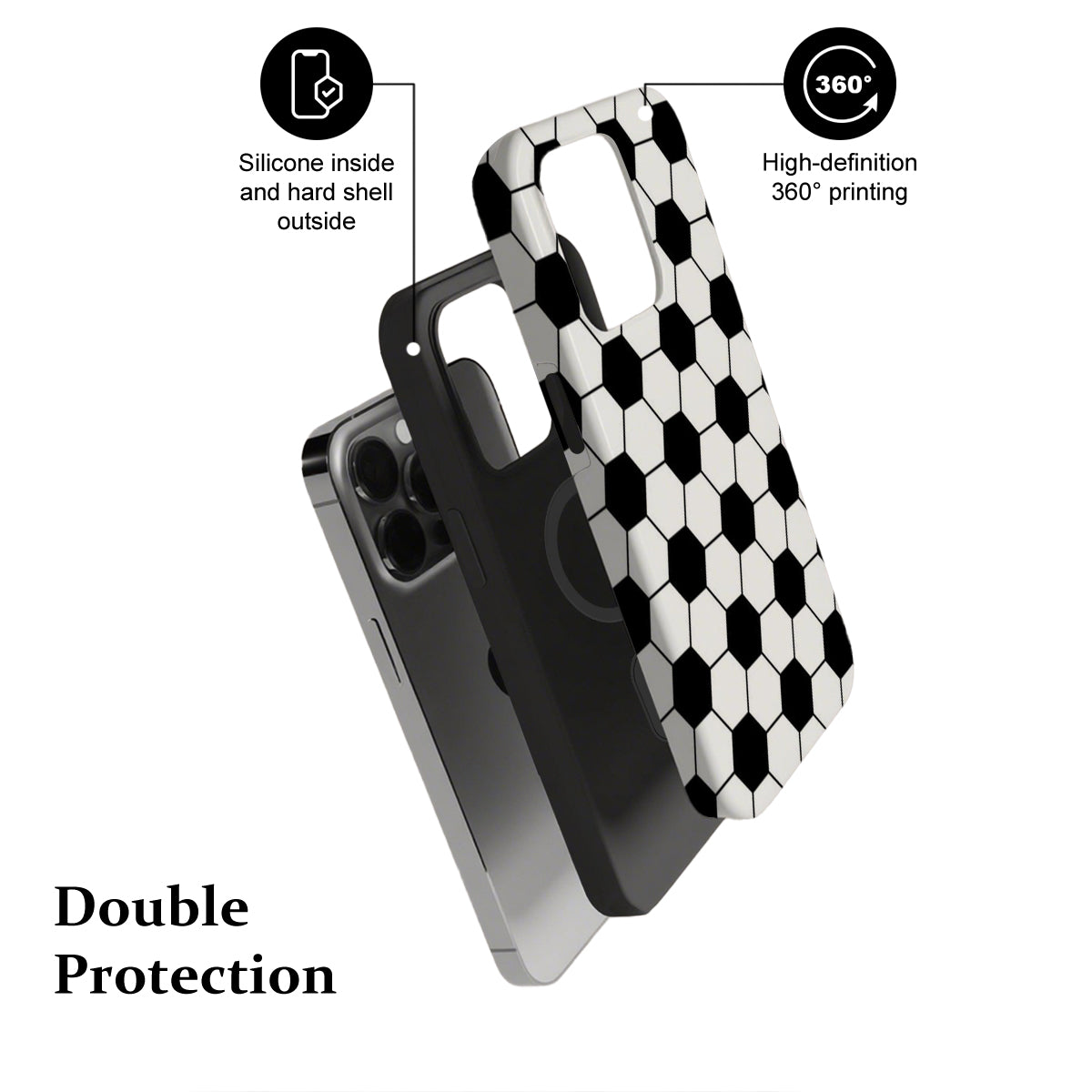 Phone case with black and white checkered pattern, silicone inside, hard shell outside, and 360-degree printing on a white background.