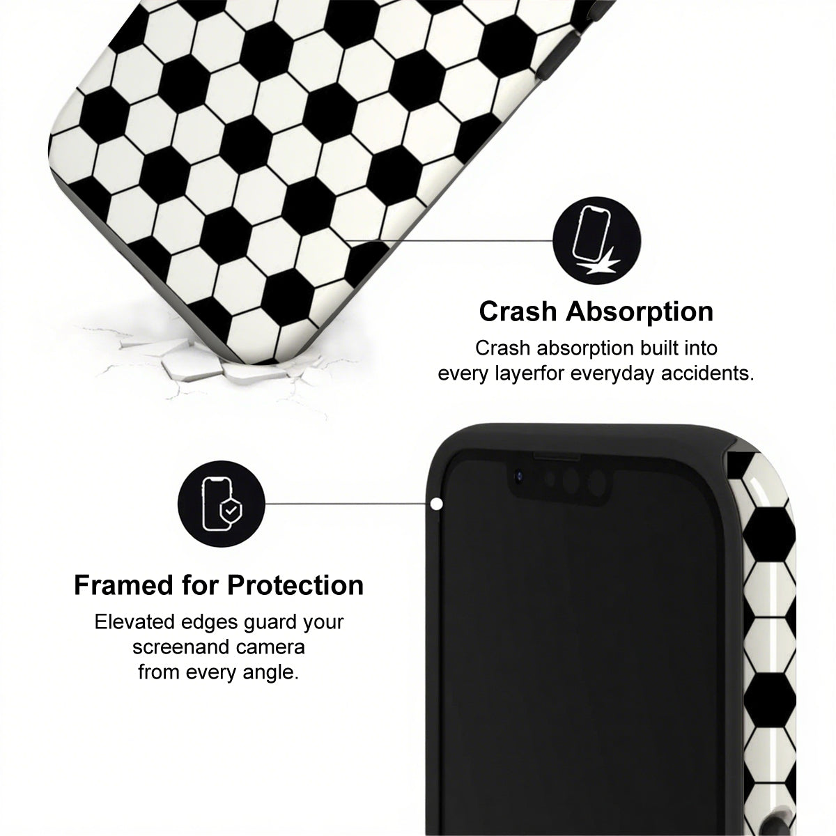 Phone case with soccer ball pattern and text highlighting crash absorption and protection features.