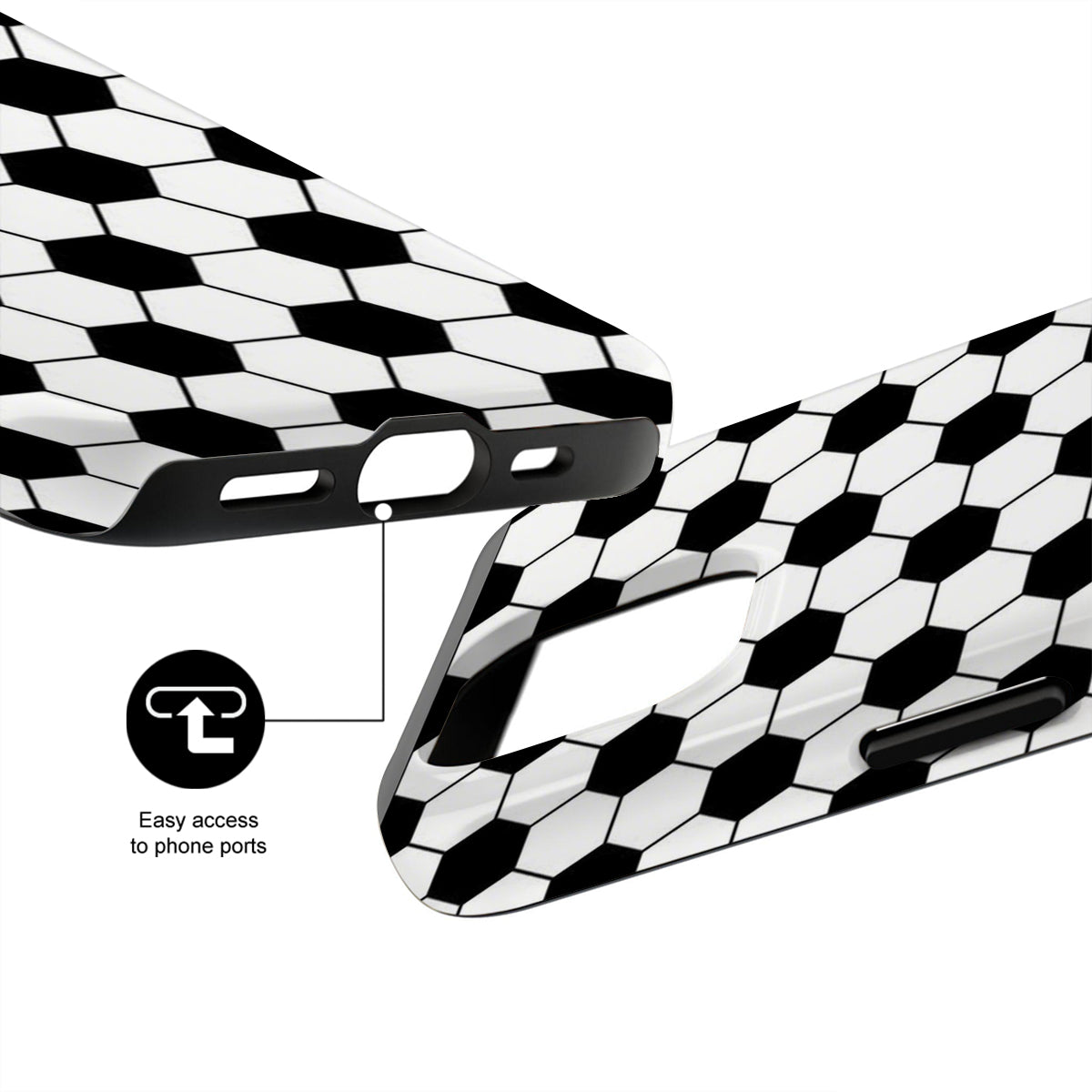 Black and white checkered phone case with geometric pattern on a white background