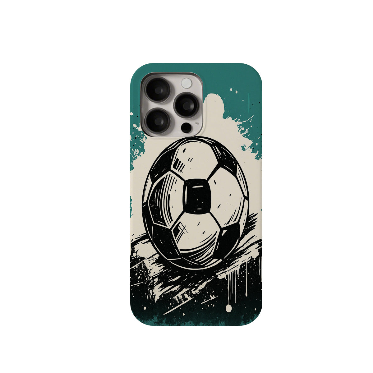 Phone case with a soccer ball design on a teal and beige background