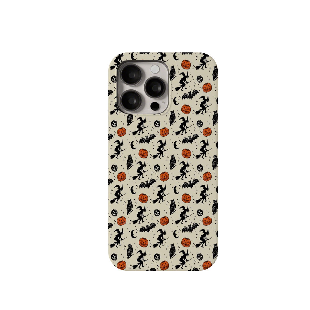 Phone case with Halloween-themed design featuring witches, pumpkins, and bats on a white background