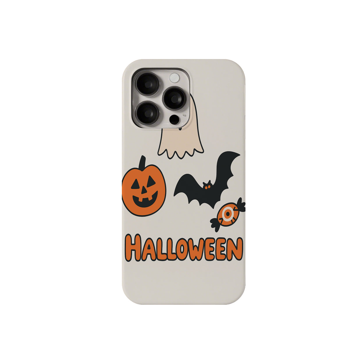 Phone case with Halloween-themed design featuring a ghost, pumpkin, bat, and spider on a white background.