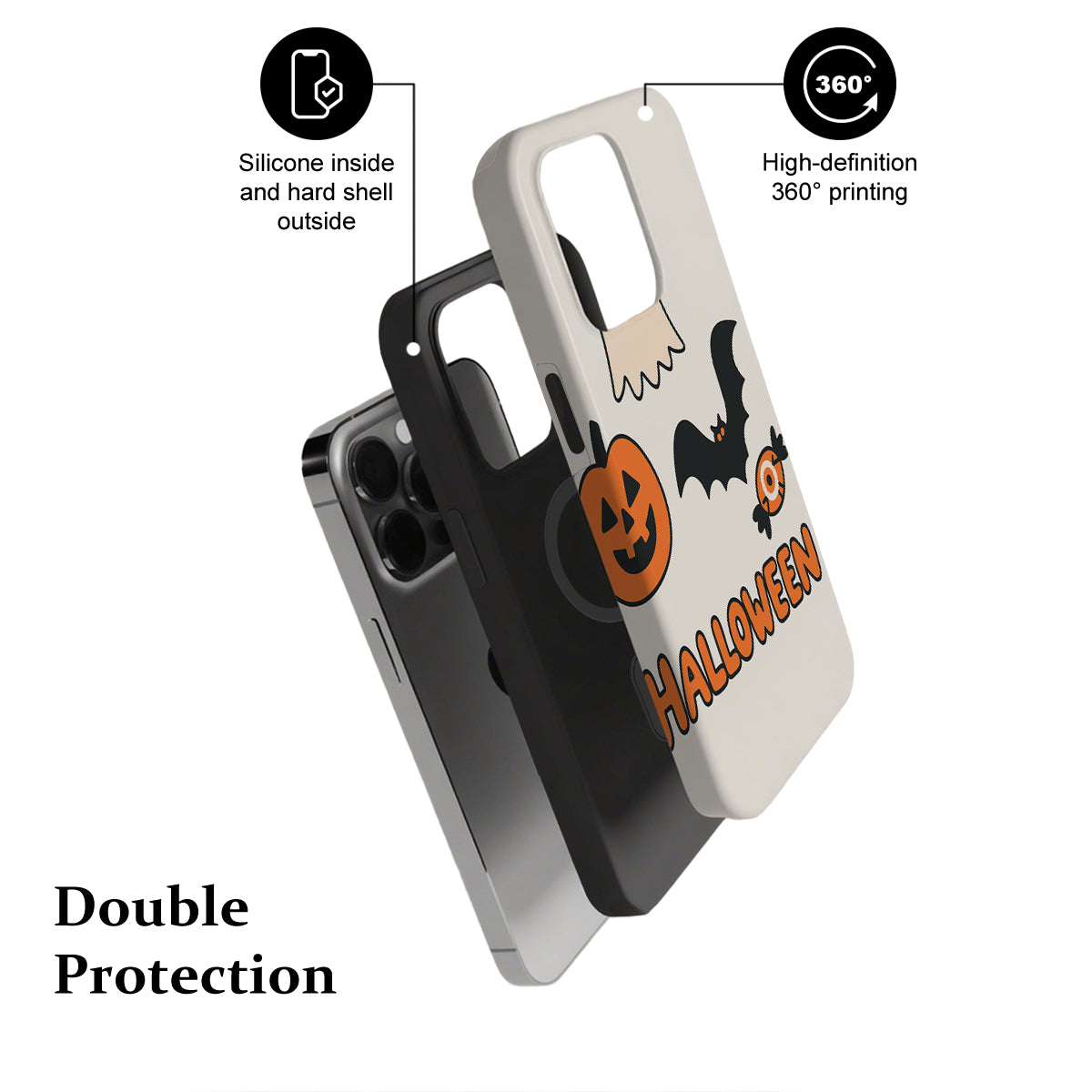 Halloween-themed phone case with text indicating features and protection.
