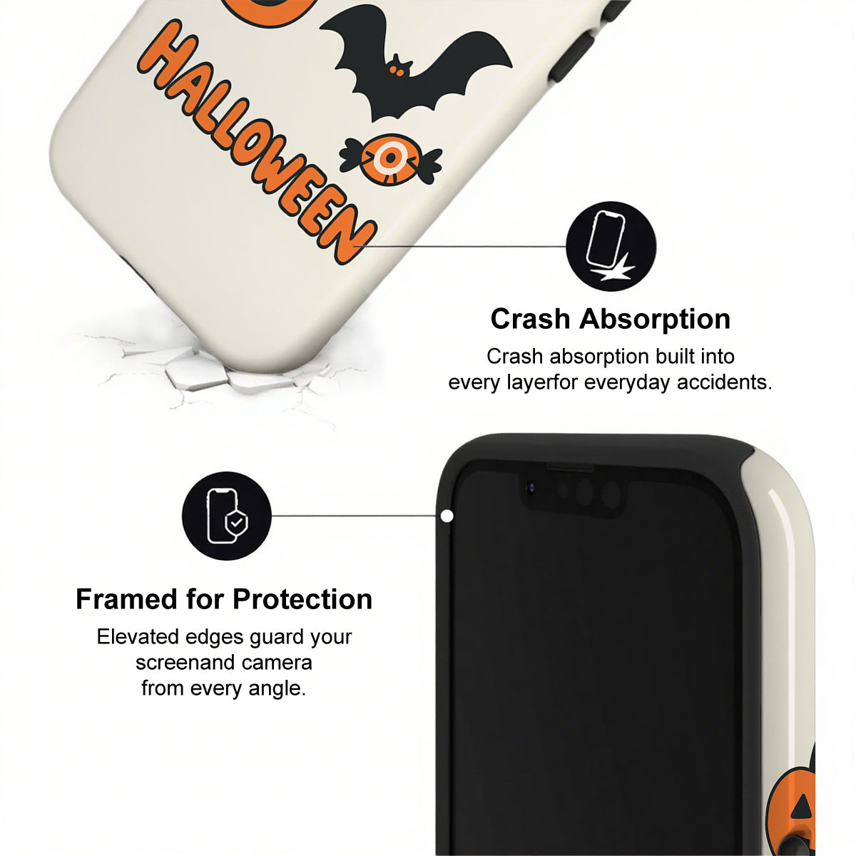 Halloween-themed phone case with crash absorption and protection features.