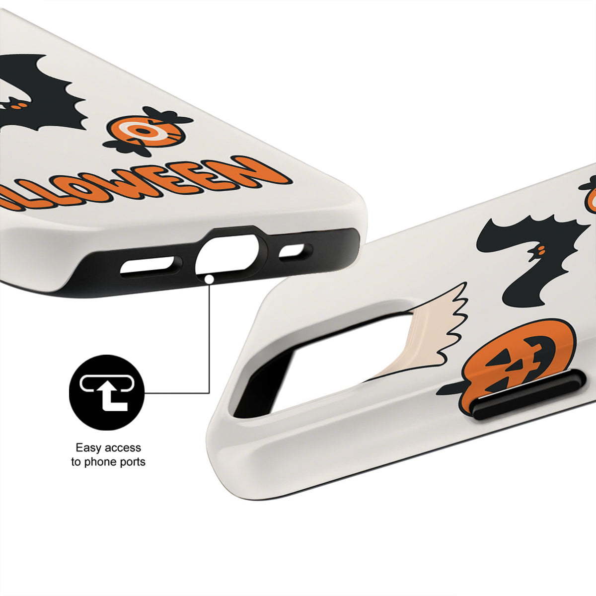 Halloween-themed phone case with pumpkins and bats on a white background