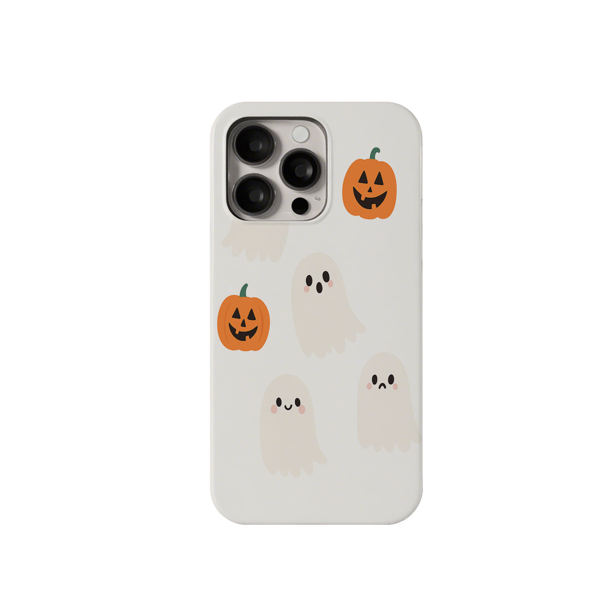 Phone case with Halloween designs of pumpkins and ghosts on a white background