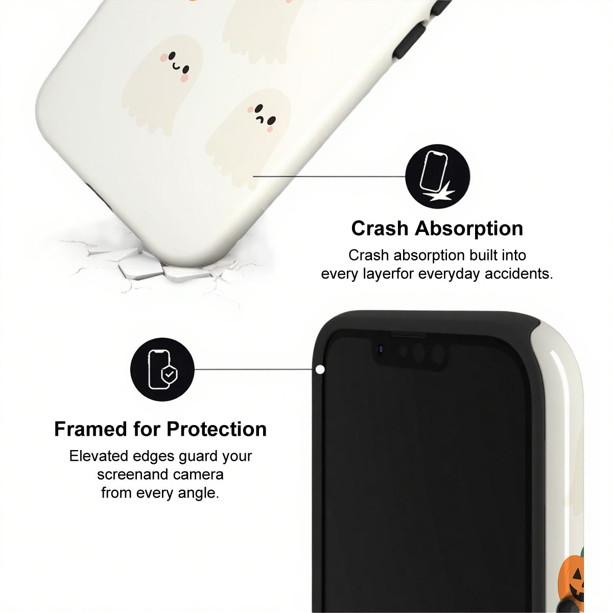 Phone case with crash absorption and protection features on a white background