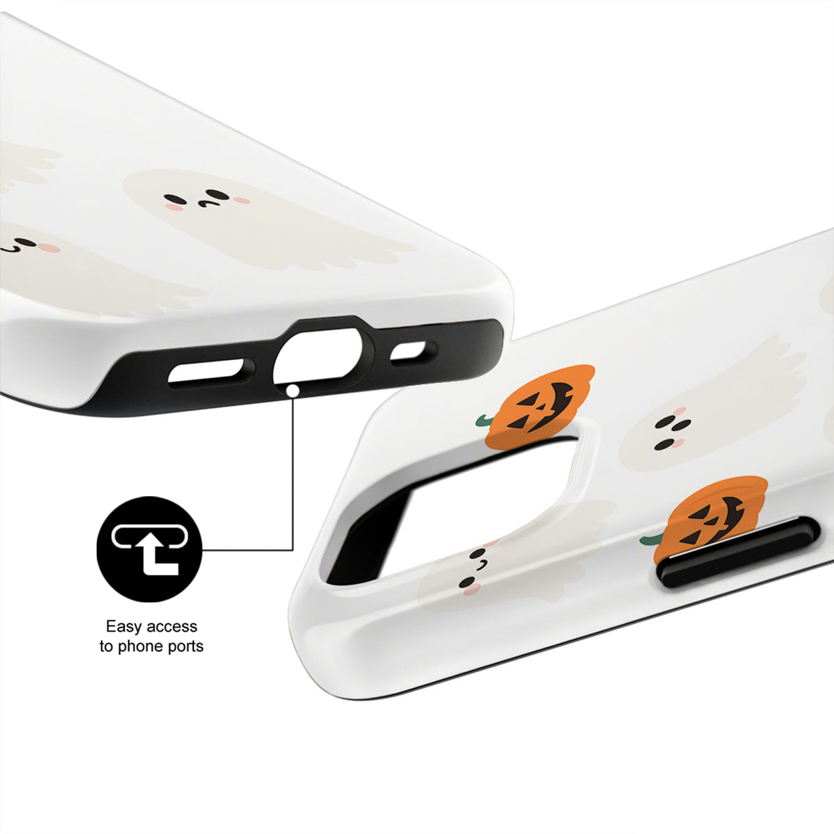 White phone case with Halloween-themed design on a white background