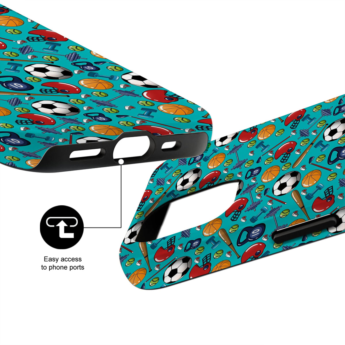 Colorful phone case with sports-themed design on a white background