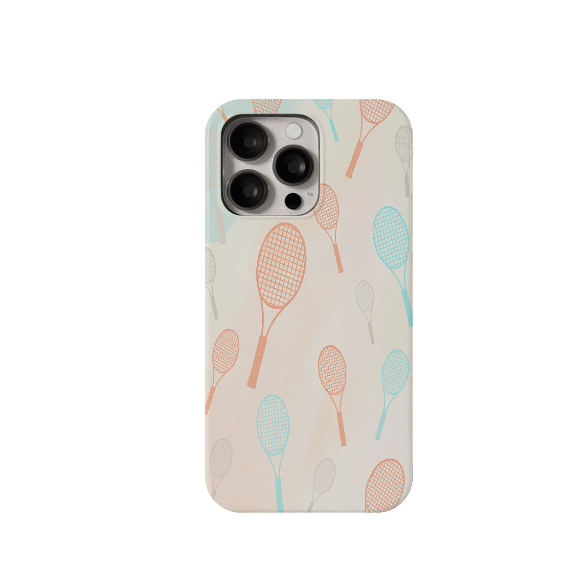 Phone case with tennis racket and ball pattern on a beige background