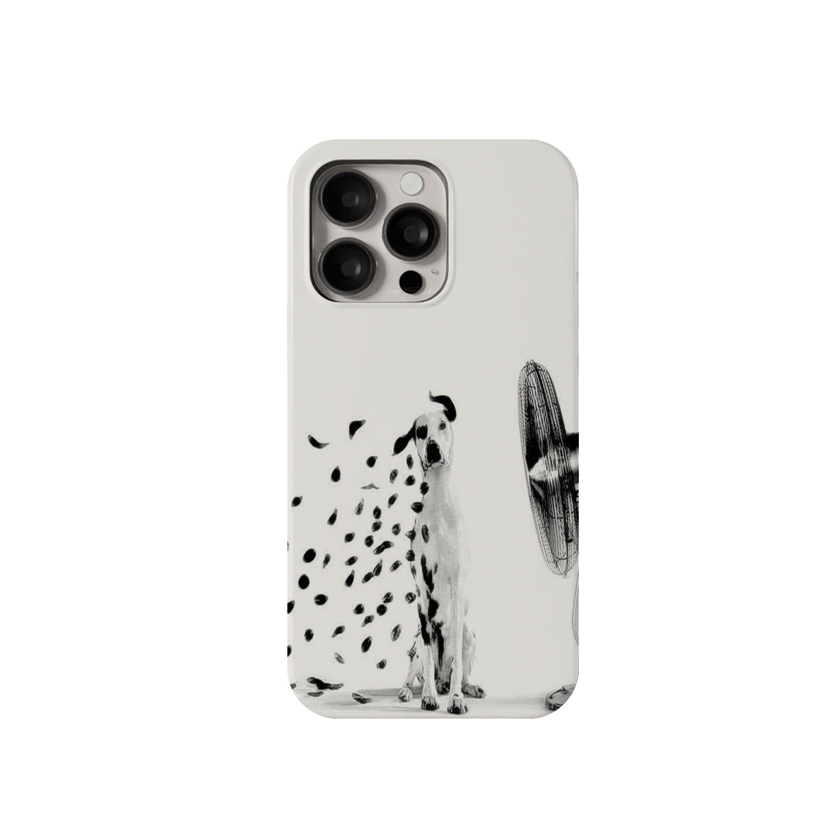 Phone case with a dalmatian dog design on a white background