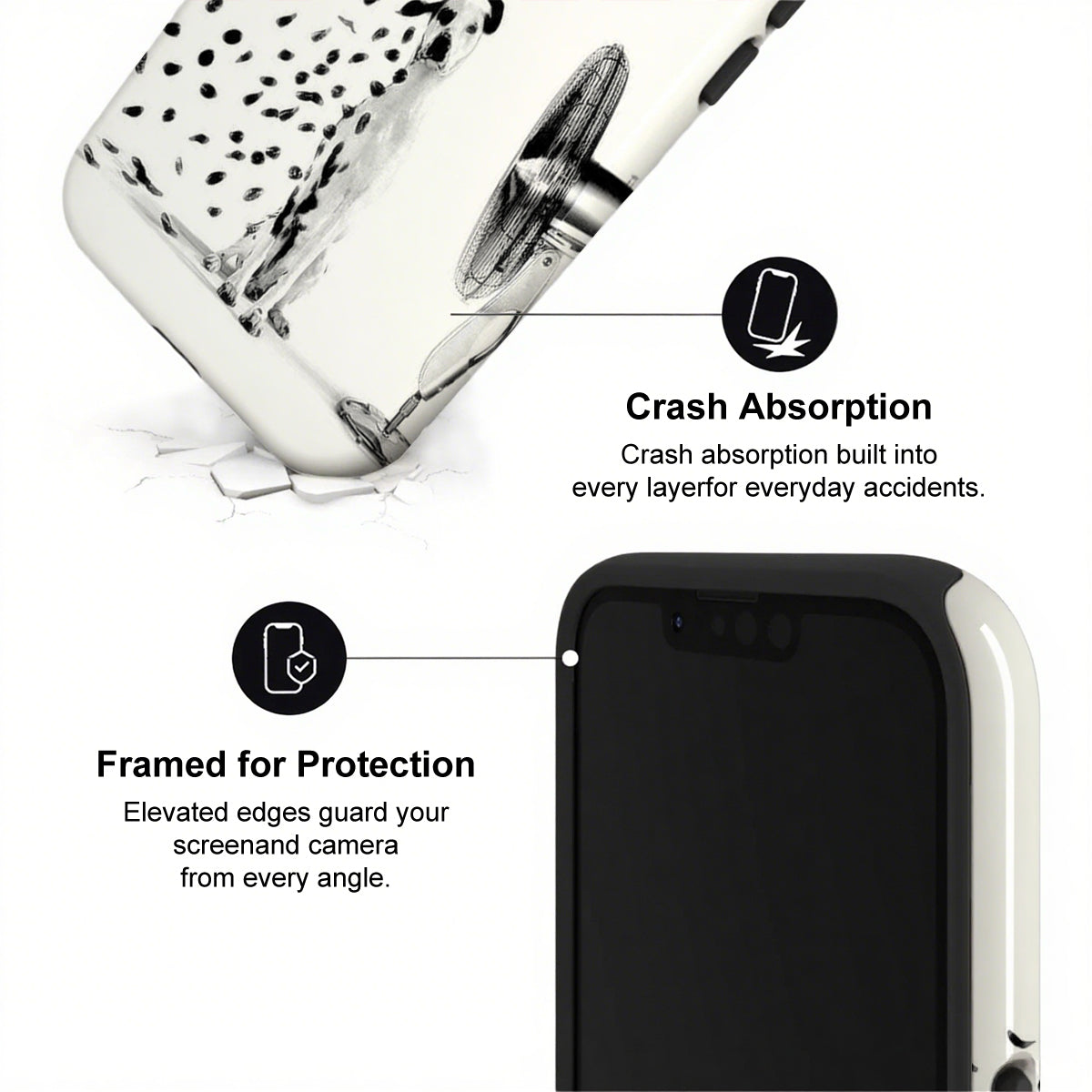 Phone case with crash absorption and protection features on a white background