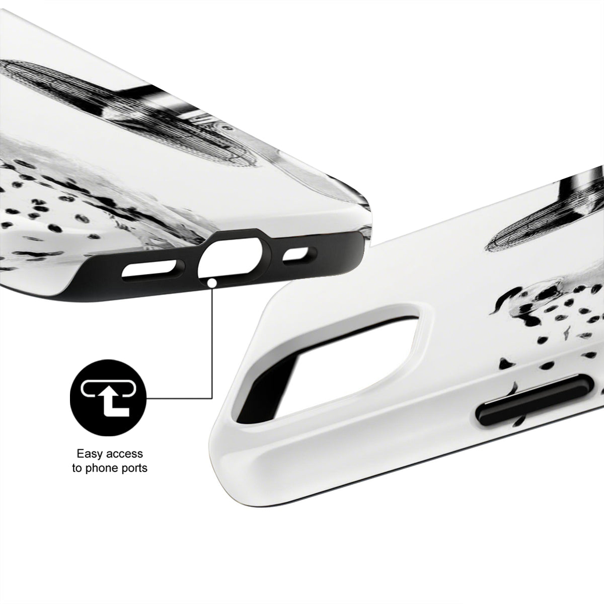 Phone case with clear design and text 'Easy access to phone ports' on a white background