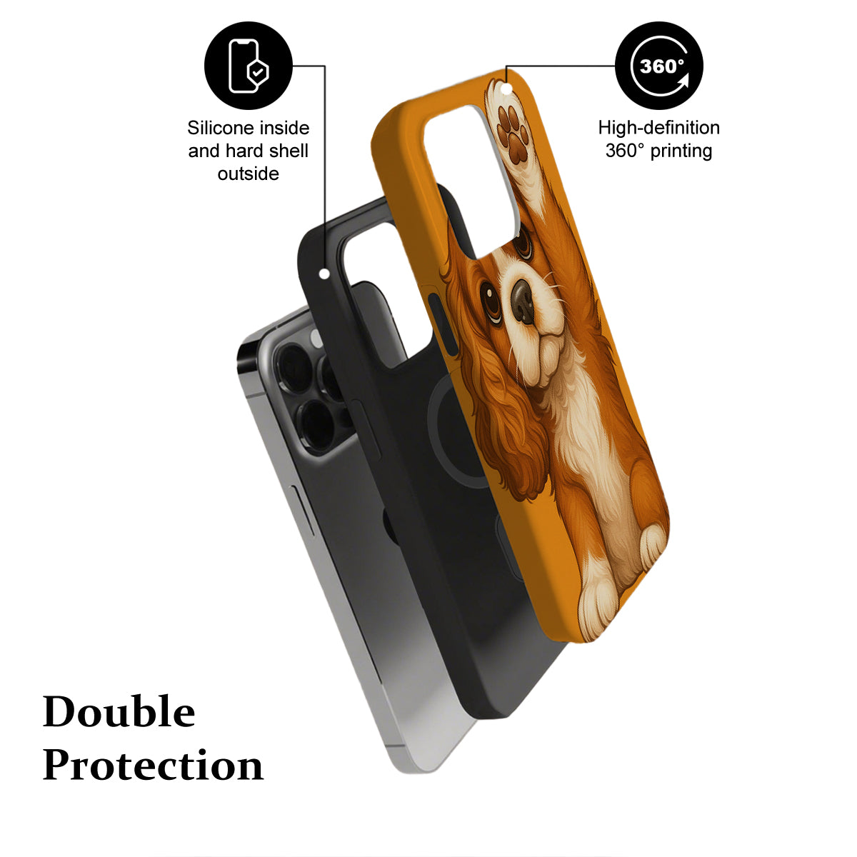 Phone case with a dog design, featuring text on features and double protection.