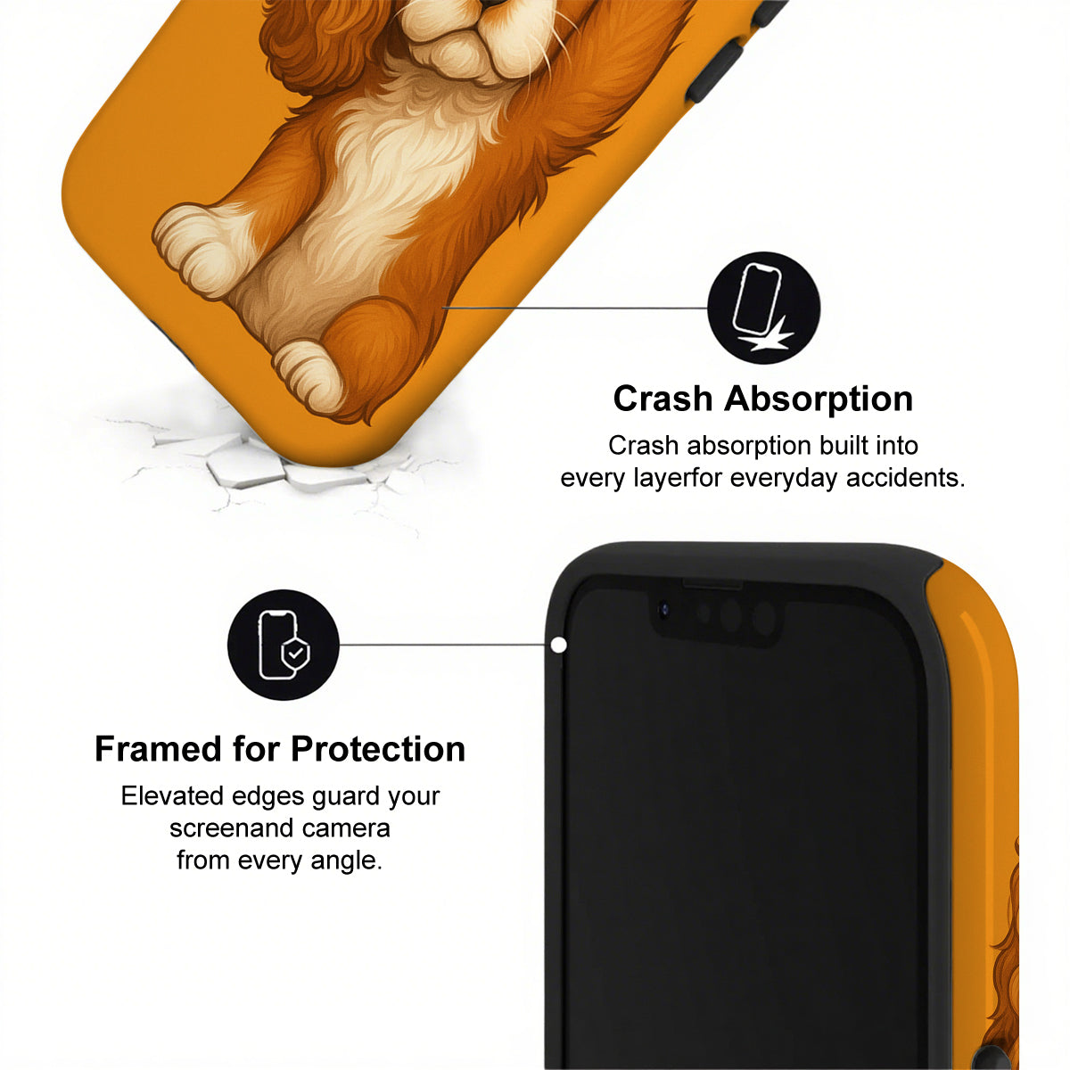 Phone case with lion design and text about crash absorption and protection