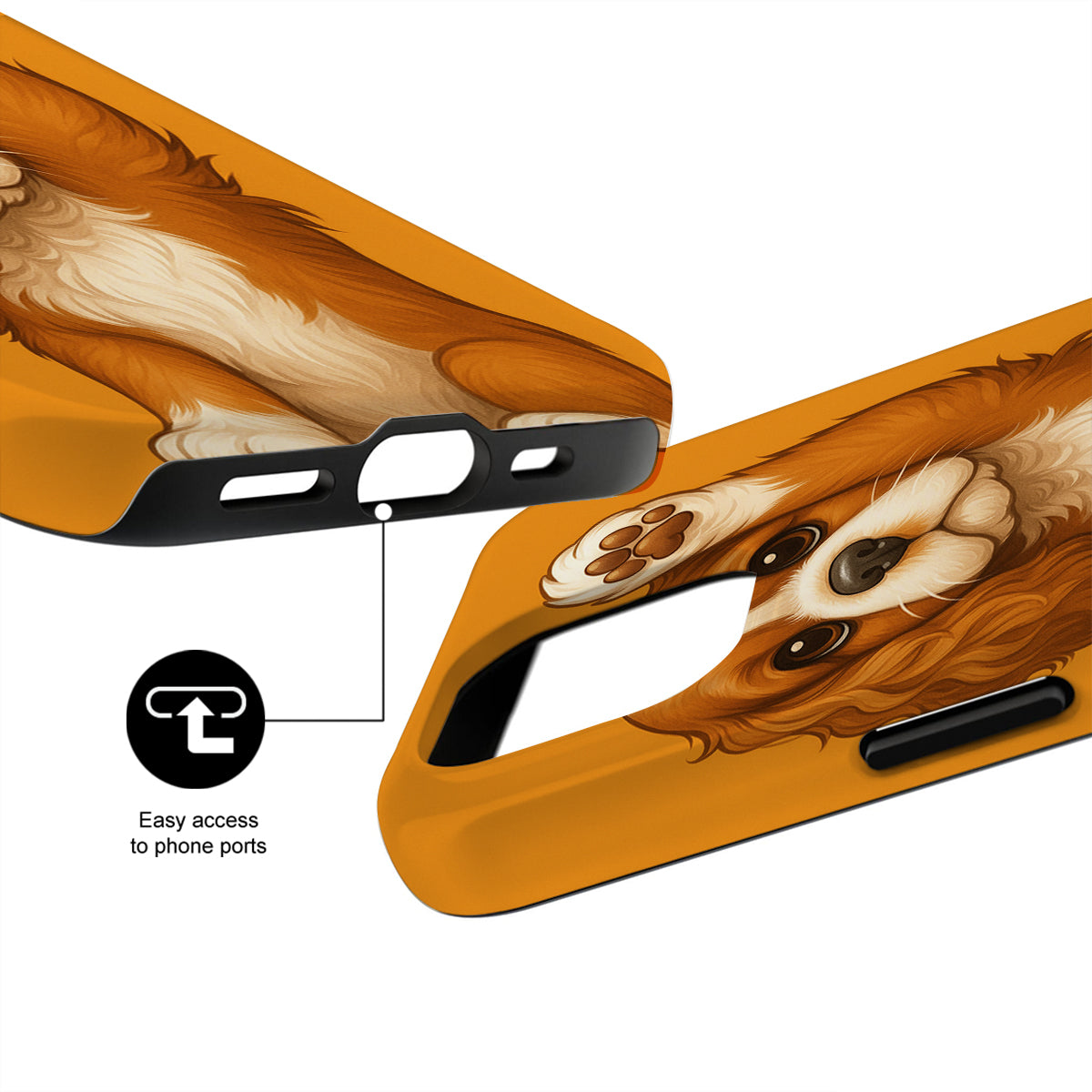 Phone case with dog paw design and text 'Easy access to phone ports' on a white background