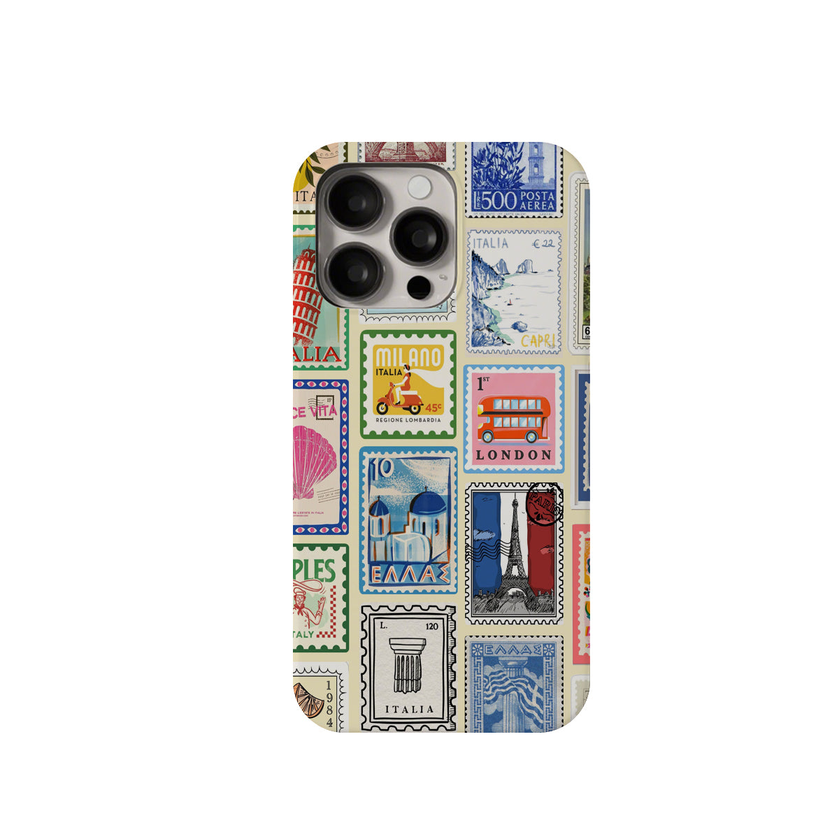 Phone case with vintage stamp design on a white background