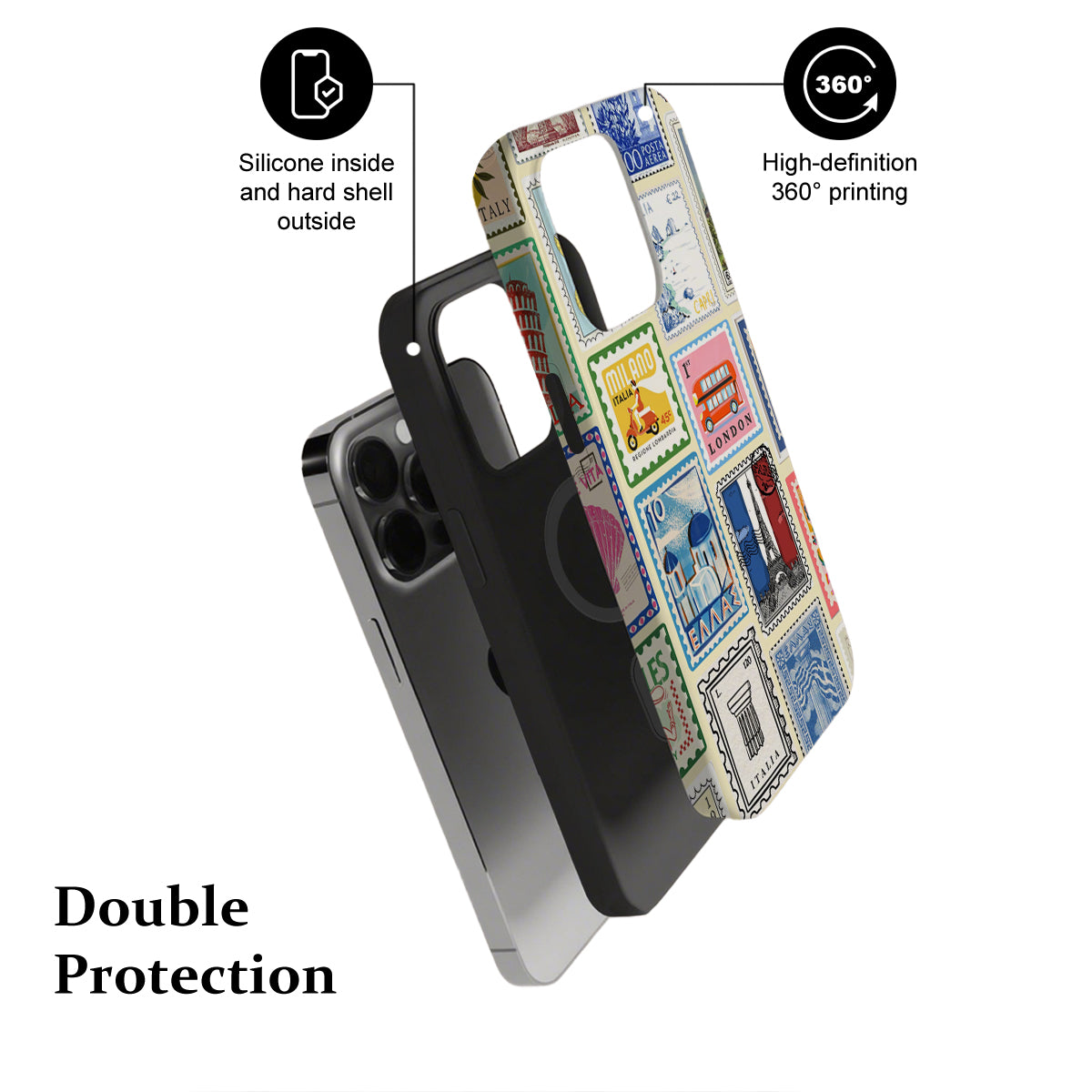 Phone case with stamp design and text highlighting features on a white background