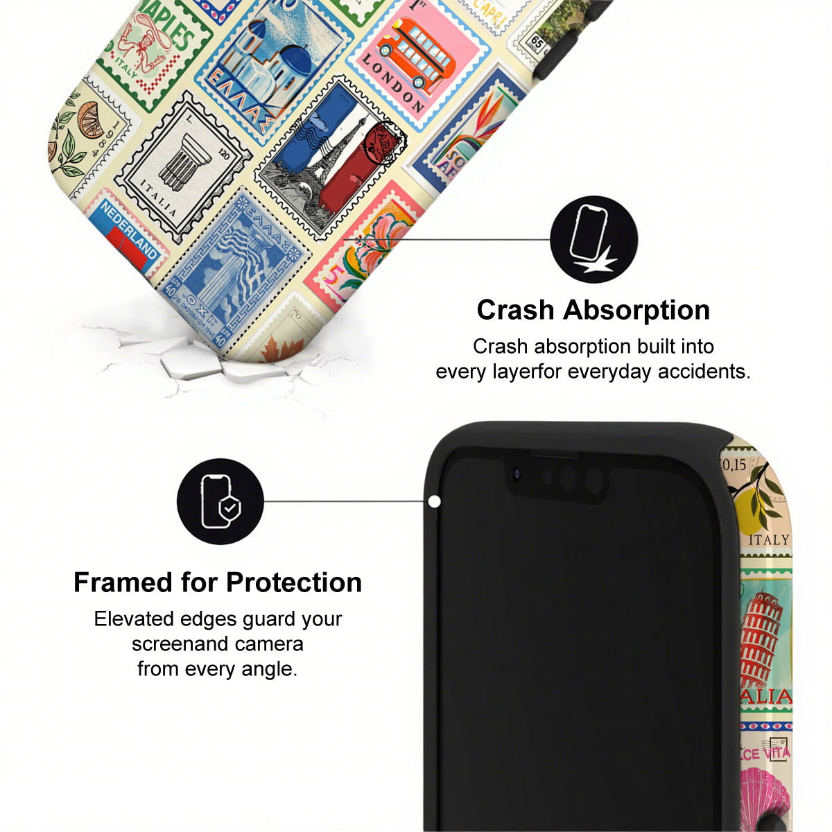 Phone case with travel-themed design and text highlighting crash absorption and protection features.