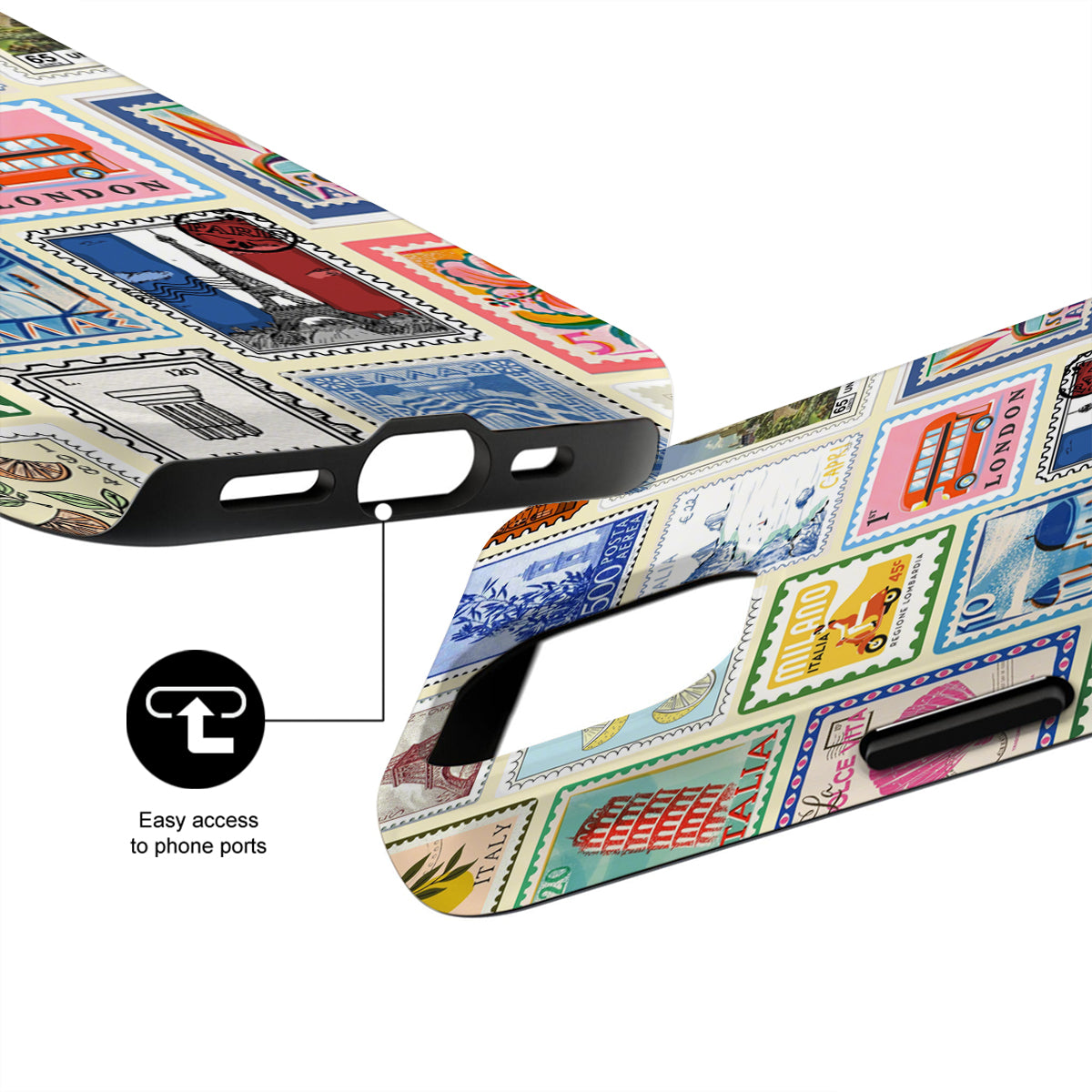 Phone case with travel-themed design featuring stamps and landmarks, showing ease of access to phone ports.