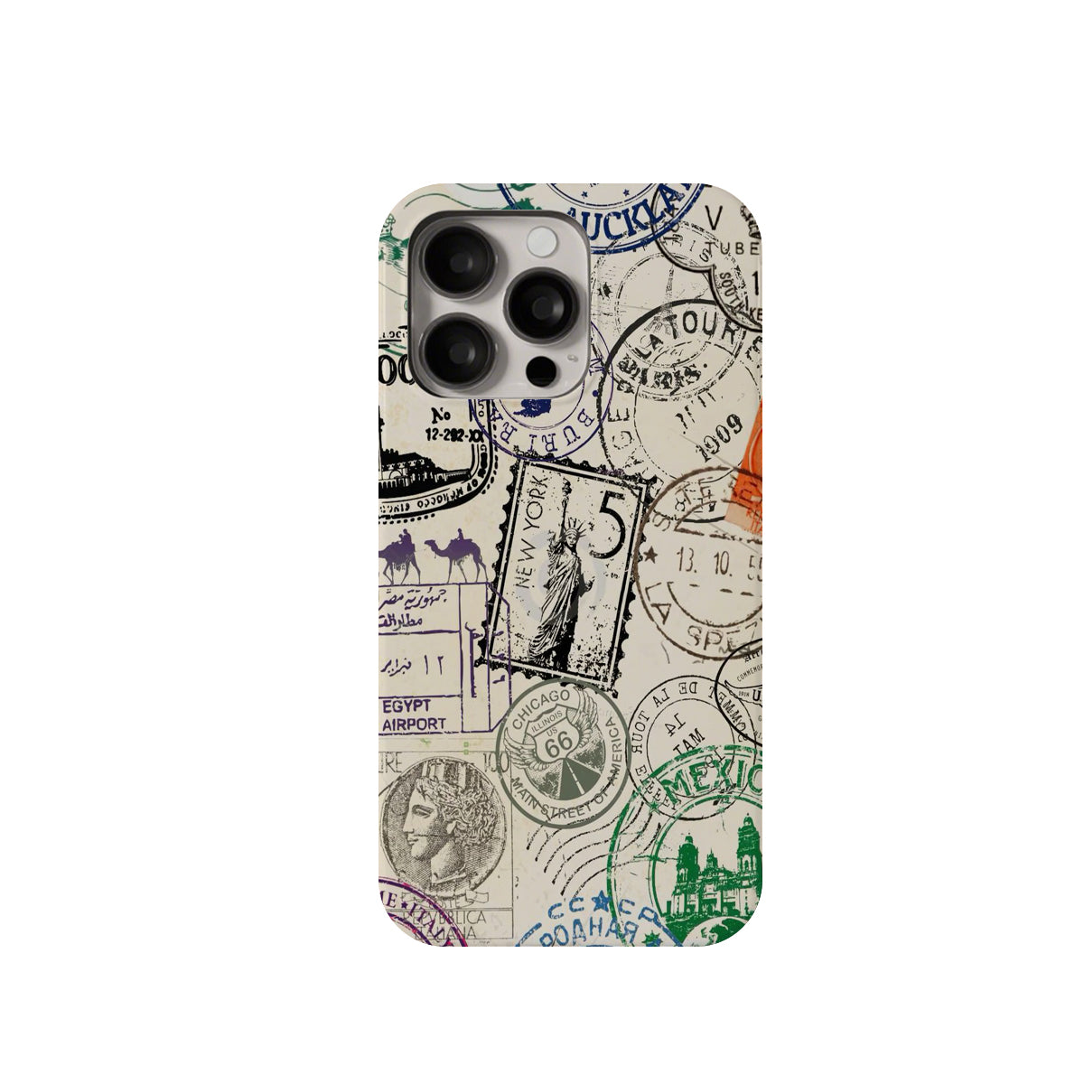 Phone case with vintage stamp design on a white background