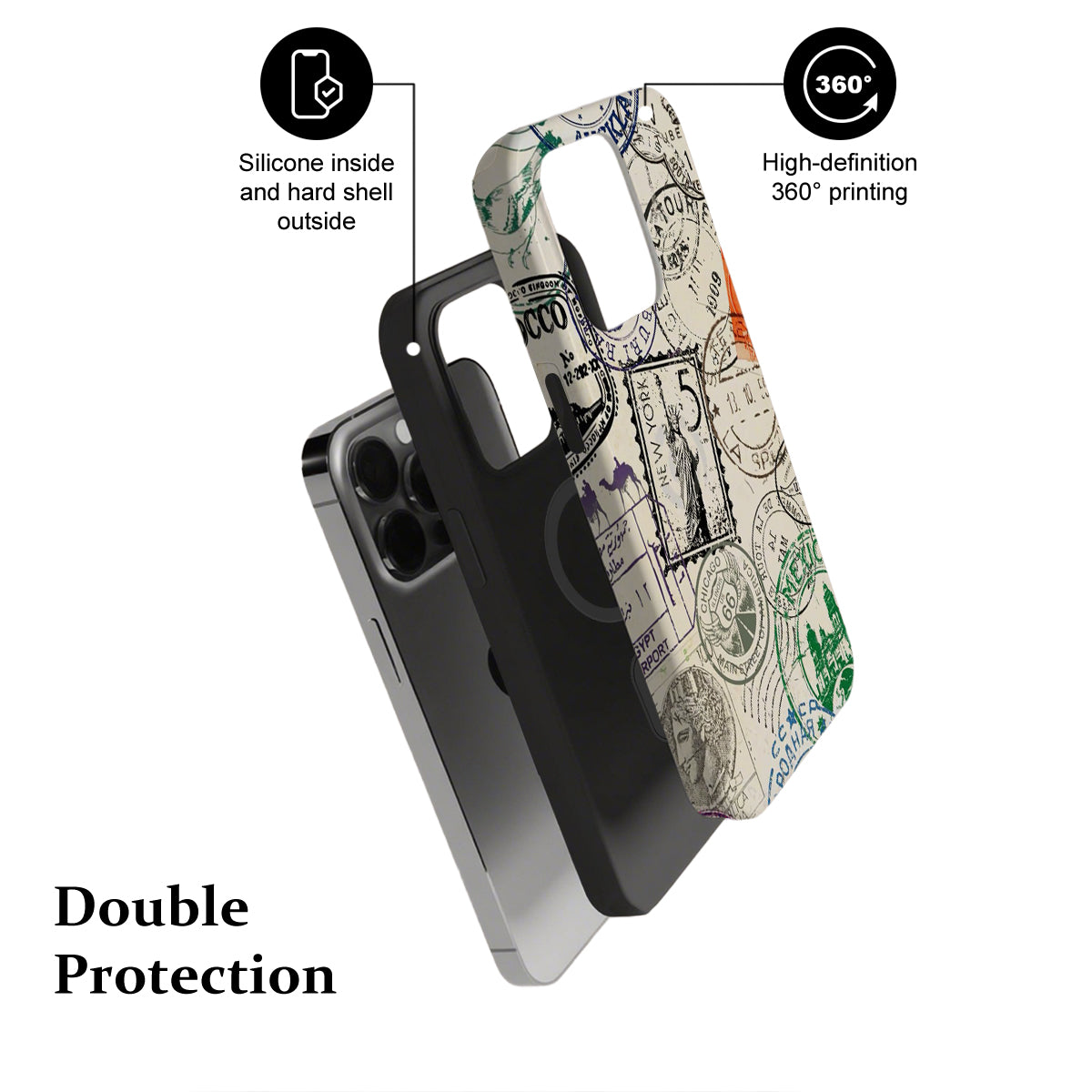 Phone case with map design and text highlighting features on a white background