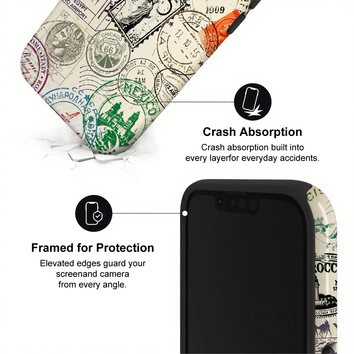 Phone case with travel-themed design and text highlighting crash absorption and protection features.